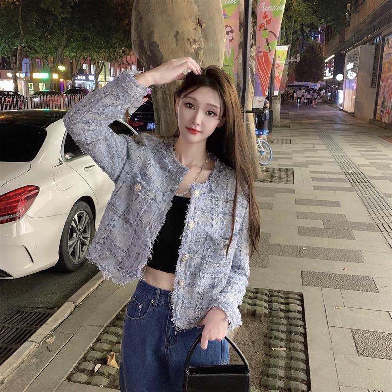 ツイード レトロ ショート ジャケット 青 ブルー ピンク アウター 長袖 韓国流行 ノーカラー