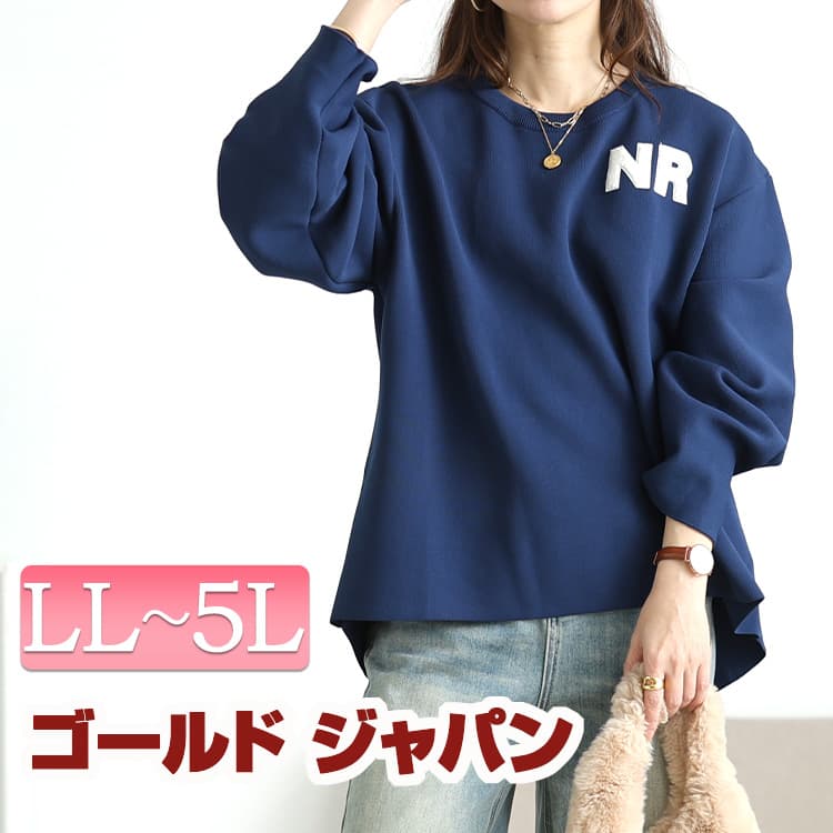 大きいサイズ レディース トップス ニット サガラ刺繍ロゴワッペンボリューム袖ニット 長袖 ロゴ 刺繍 ミドル丈 クルーネック ボリュームスリーブ ワッペン テールカット ストレッチ 伸縮 無地 ゆっ