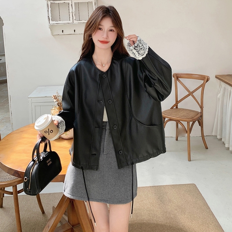 レースのスプライシングブラックレザージャケットジャケット2025新しいバーストモデルラウンドネック