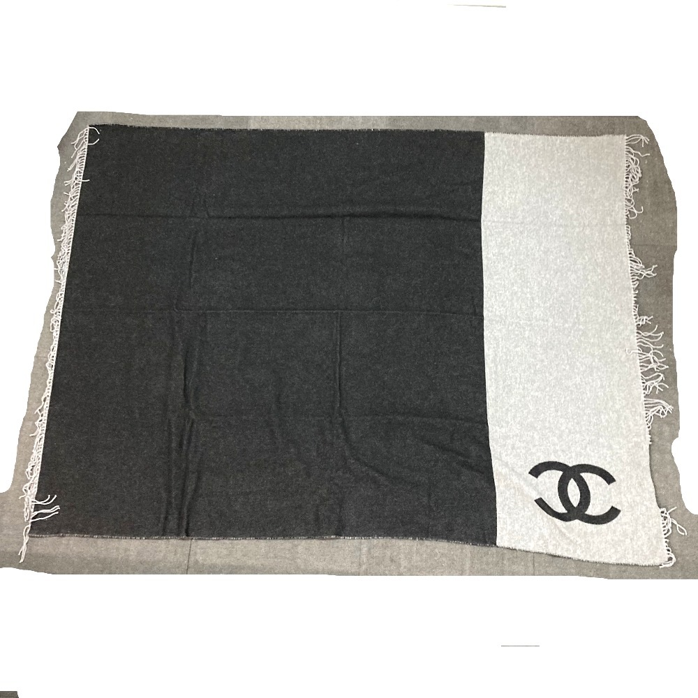 ブランケット CC ココマーク G19 バイカラー インテリア フリンジ ひざかけ 毛布 ウール/カシミヤ ブラック