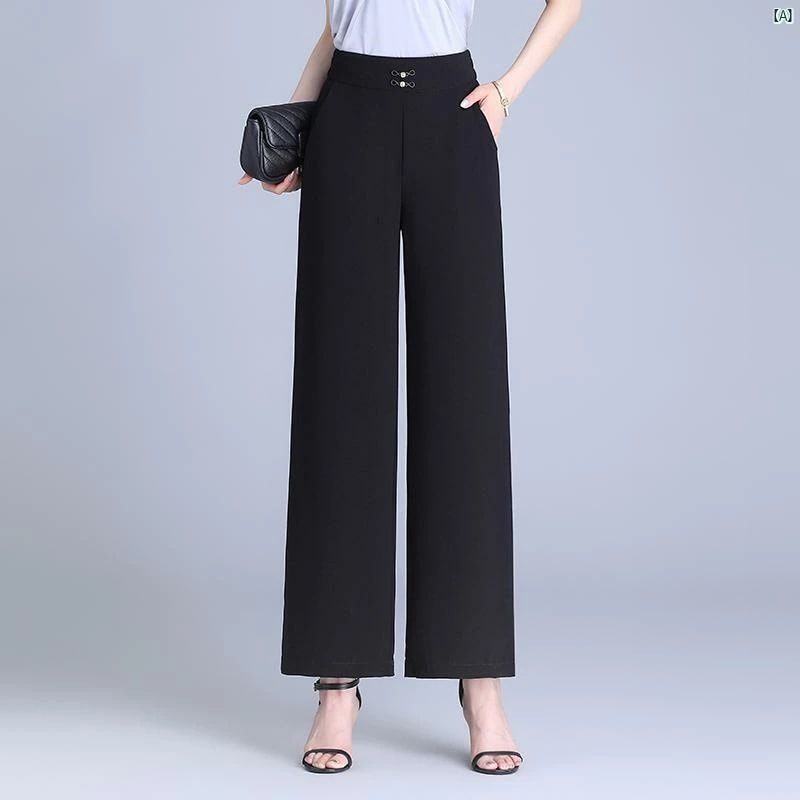 レディース シフォン ワイド レッグ パンツ プチ ドレープ ブラック サマー シン ママ ハイウエスト ストレート 九分丈