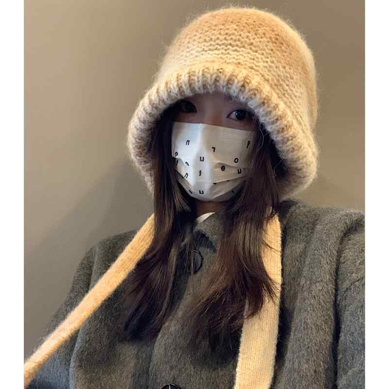 バケットハット レディース 秋冬 ニット 防寒 厚手 暖かい 普段使い レジャー ウール 大きいサイズ 紐付き 深め カジュアル グラデーション 青 ベージュ 柔らかい