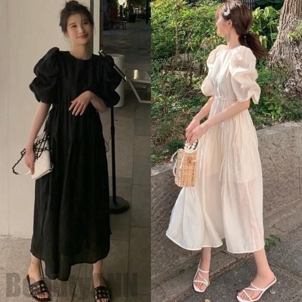 【本日限定】ワンピース ロングワンピ パフスリーブ 袖あり おしゃれ ロング丈 ティアード きれいめ カジュアル 半袖 レディース ワンピ ドレス ハイウエスト フェミニン 大人 可愛い 透け感 ベー