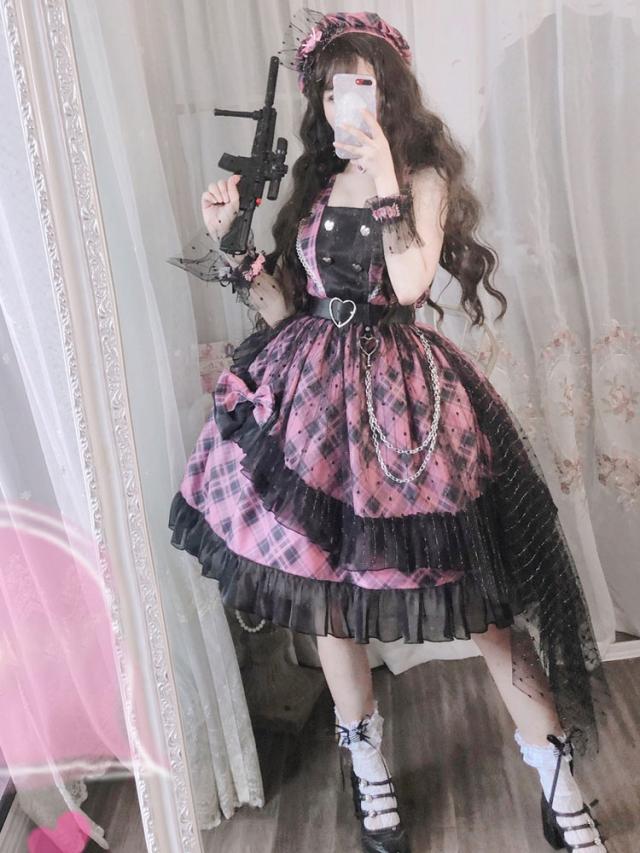 【全店任意2枚購入で100円OFF】ピンクロリータJSKドレス　チェック柄　ボウフリルロリータジャンパースカート　チョーカー付いてない