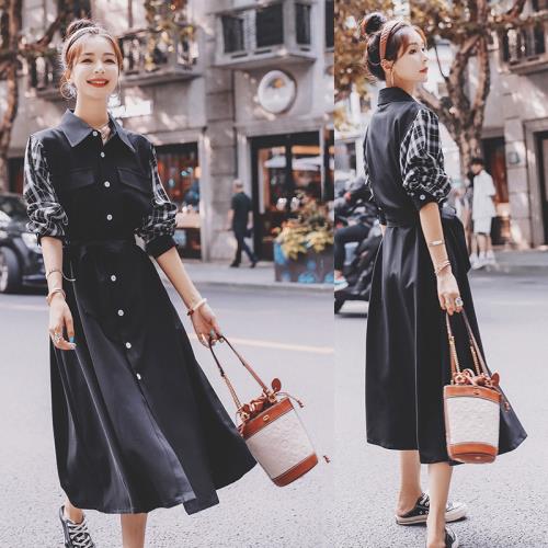 【即納】トレンチワンピース トレンチ風 ドッキング ロング ワンピース レイヤード 韓国 カジュアル ネイビー 長袖 チェックシャツ ベスト ロングベスト フロントボタン レディース カジュアル 異素