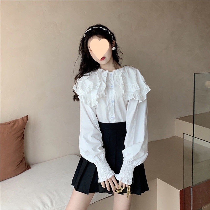 【1つ買うと10つ無料】春のための甘くてエレガントなフリルの人形襟のシングルブレストシャツ女性のためのゆるい年齢を減らす肉を覆う長袖