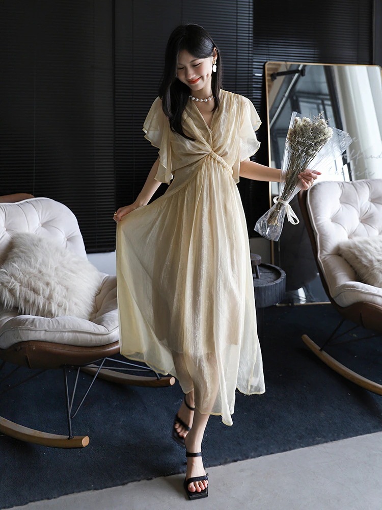 【妃】 初恋ワンピース フリル シフォンワンピース ふんわり レディース vネック ロングワンピース