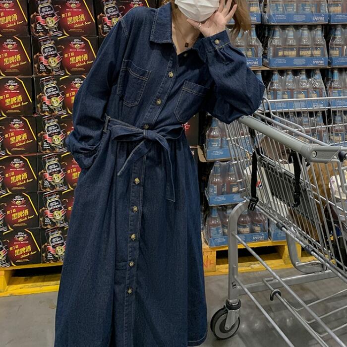 デニム ワンピース ドレス ワンピ 袖あり レディース シャツワンピ エレガント きれいめ カジュアル ミモレ丈 長袖 大人 可愛い フェミニン ゆったり 楽ちん シンプル ウエストベルト 韓国 青