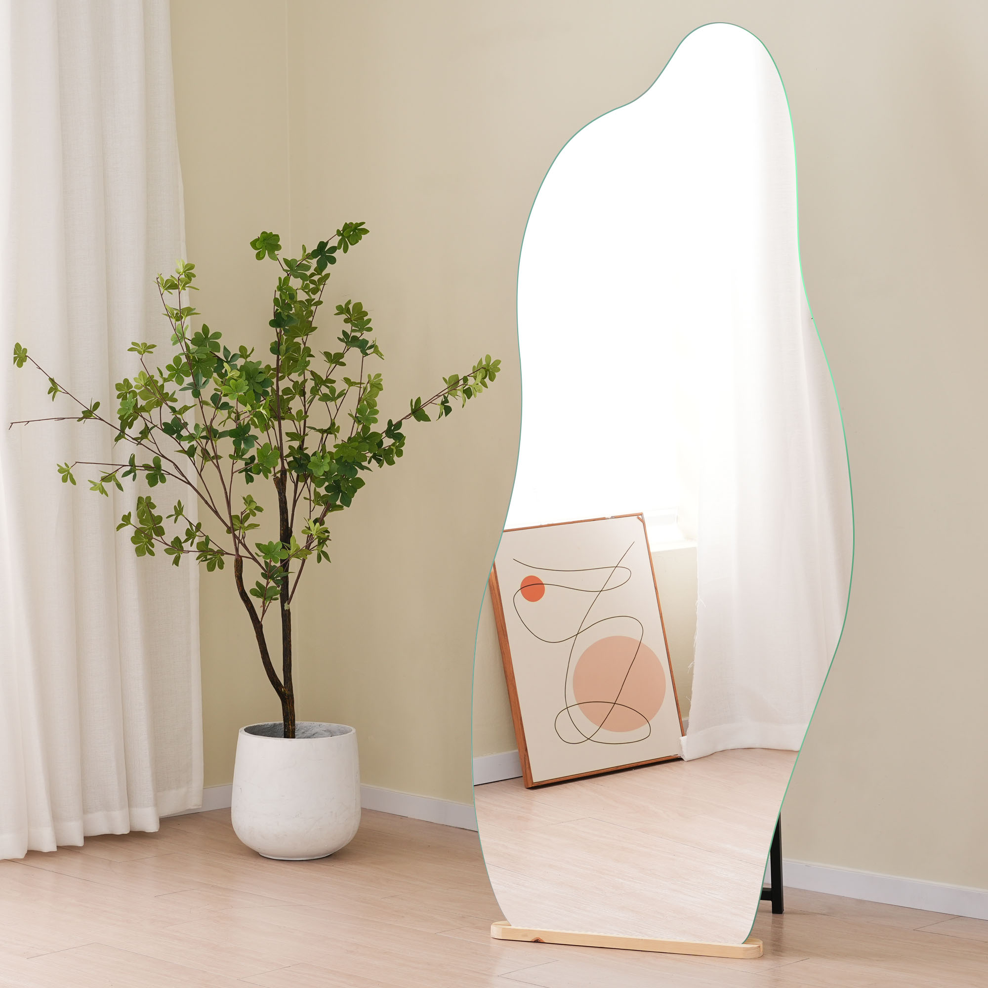 全身鏡 姿見鏡 スタンドミラー ノンフレーム イレギュラミラー 立てかけ 姿見 鏡 ミラー おしゃれ 大型 飛散防止 木製台あり 160*50CM