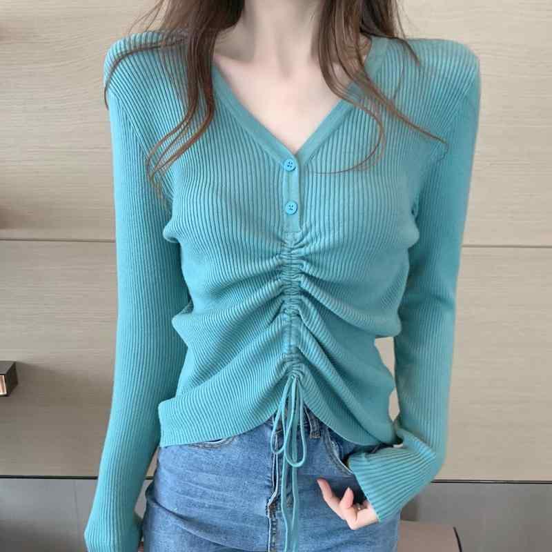 シャツ レディース 秋 春 カジュアル 長袖 ニット トップス スリム 巾着 Vネック ボトム セーター 内側 T