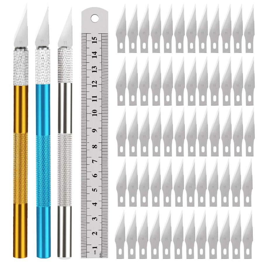デザインナイフ 3枚 切り絵彫刻刀 安全キャップ付属 60枚 デザインカッター 替え刃 切り絵 カッター 替刃 モデル作成 エッチング 彫刻に最適