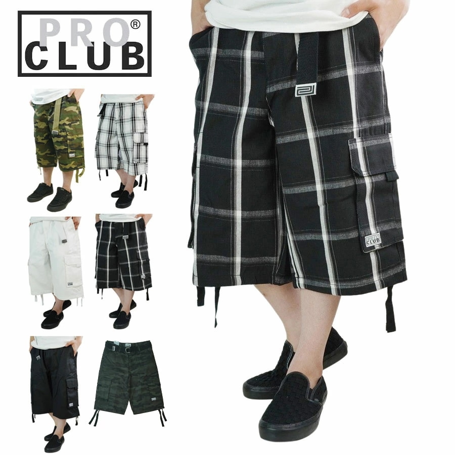 プロクラブ PRO CLUBメンズ ショーツ166 TWILL CARGO SHORTSツイル カーゴ ショーツブラック ホワイト プレイド チェック柄 迷彩