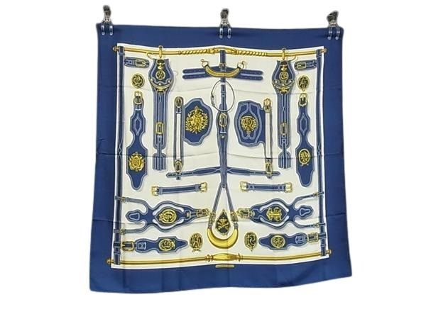 スカーフ カレ90 シルク100% - HARNAIS DES PRESIDENTS 大統領の馬具 ブルー ホワイト 大判 ストール マフラー ブランド 高級 アクセサリー【本物保証】