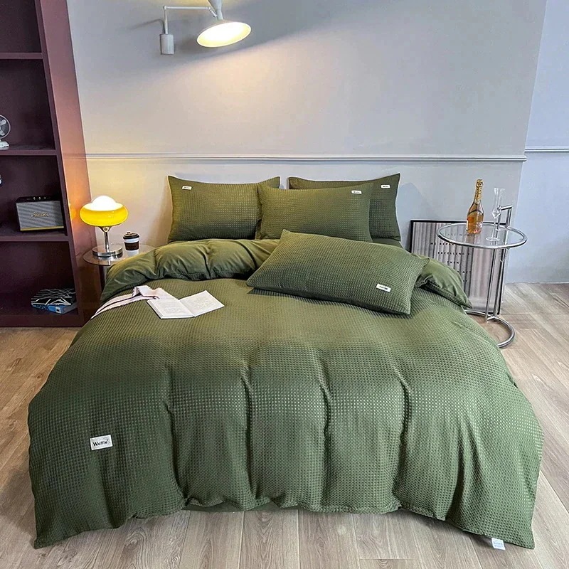 今の流行シンプルワッフル4点セット 無地掛け布団カバー・シーツ 和式用フィットシーツ4点セット ベッド4点セット