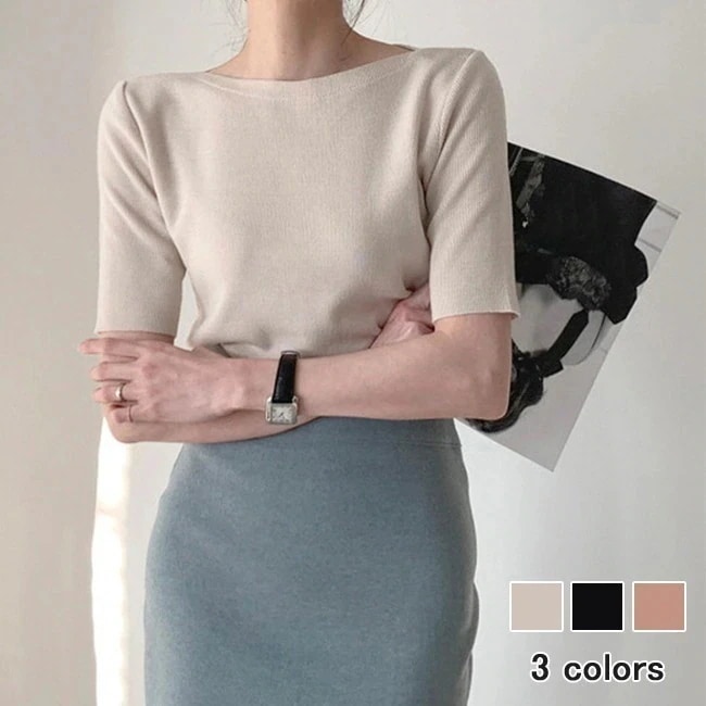 サマーTシャツ レトロ 薄手 ニット トップス 夏 半袖Tシャツ ボートネック オフィス ニットTシャツ 5分丈袖 薄手ニット レディース Tシャツ