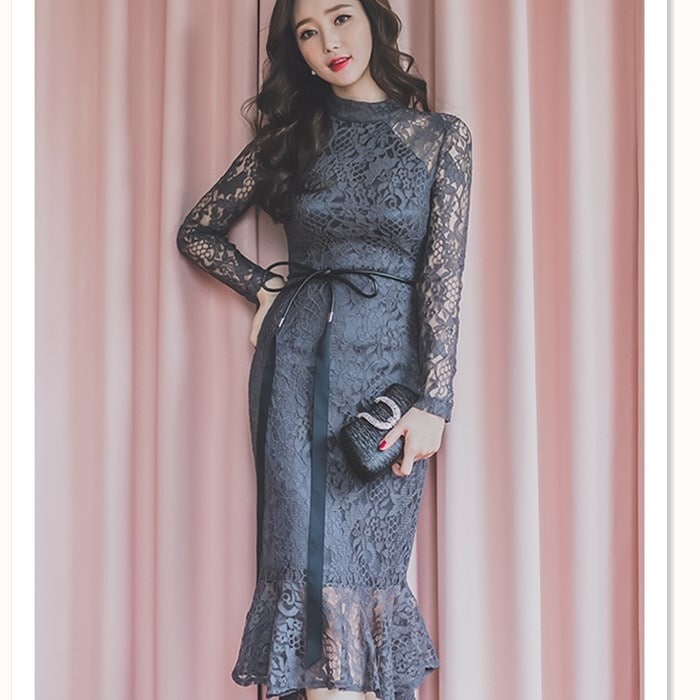 A1004.シースルーレースフレアドレス（グレー）2019 春夏 sale 春夏 sale ワンピース 長袖 フリル エレガント お呼ばれ パーティー 結婚式 披露宴 女子会 レストラン デート
