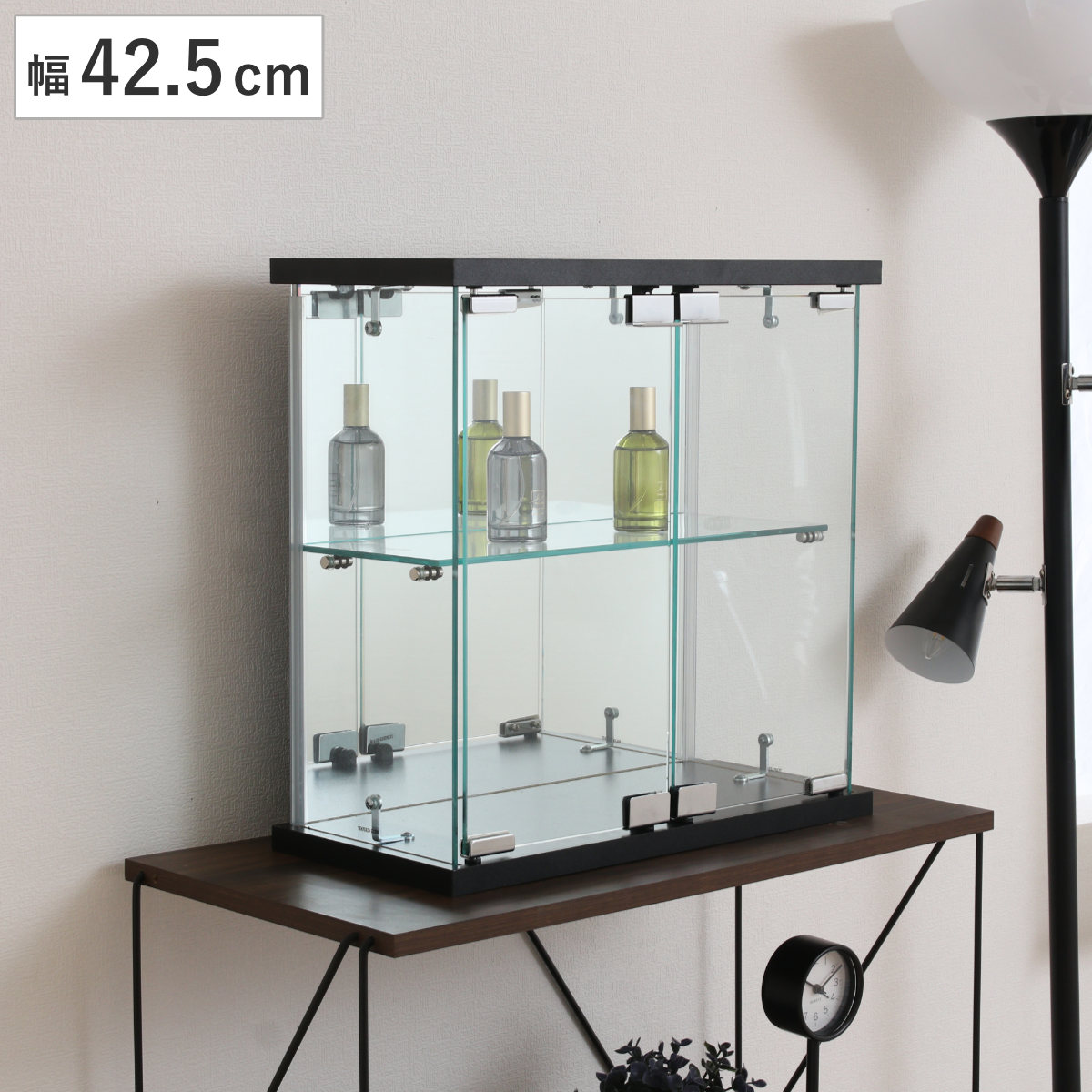 コレクションケース ガラス 幅42.5cm 背面ミラー 卓上 コレクション ラック 棚 ディスプレイ ガラス製 全面ガラス 棚上 収納 展示 フィギュアケース 見せる収納