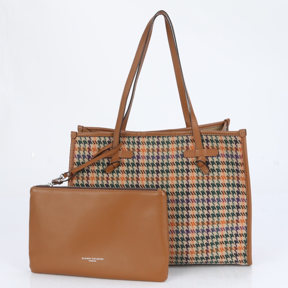 極美品 マルチェッラ M 千鳥格子 レザー×キャンバス トート バッグ 肩掛け ショルダー ハンド A4 レディース EUE CG7-5 中古