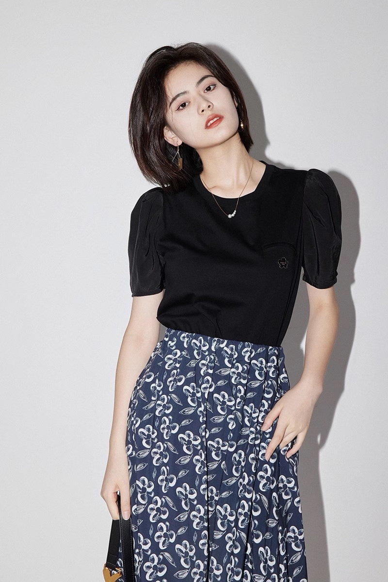 パフスリーブ シャツT ピュア コットン 半袖 トップ レディース ステッチ スリム オールマッチ 夏 Tシャツ 学生風 トップス Tシャツ 白トップス 袖あり 半袖 かわいい 大人可愛い シンプル