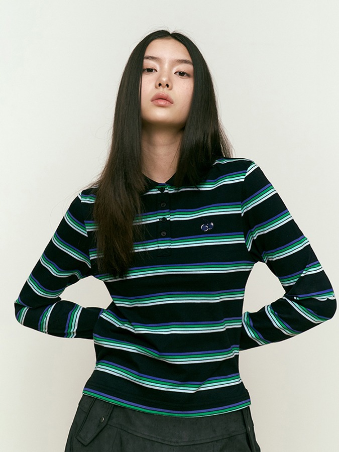 STRIPE RUGBY SLIM-FIT T-SHIRT [BLACK]