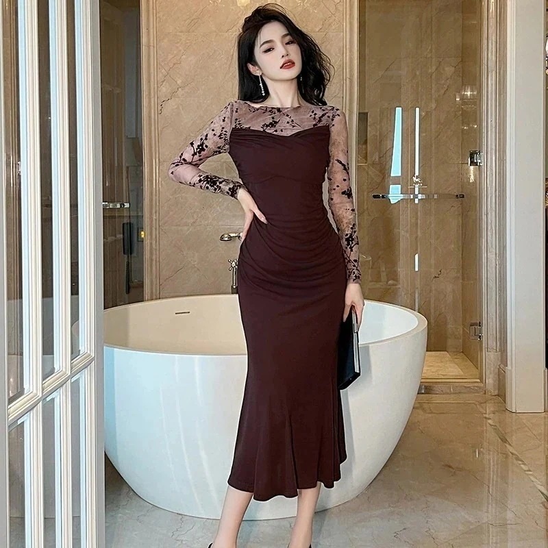 秋 レトロ チュール ドッキング マーメイド ロングワンピース パーティードレス キャバ 着痩せ 大人 同窓会 披露宴 卒業式 結婚式 演奏会 ウェディング 二次会30%までに制限