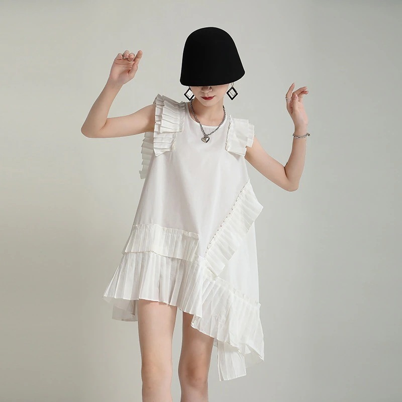 【J.Fashion】 ショートワンピース チュニック ワンピ 体型カバー メガ割 福袋 大きい裾 T ノースリーブ ブラウス 体型カバー ワンピース プリーツ フェアリー風