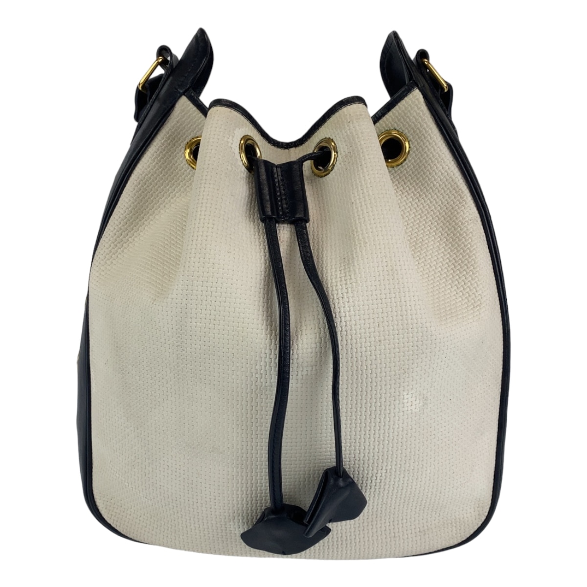 ヴィンテージ YSL ホワイト ネイビー PVC/レザー 巾着 斜め掛け ショルダーバッグ ポシェット レディース 404126