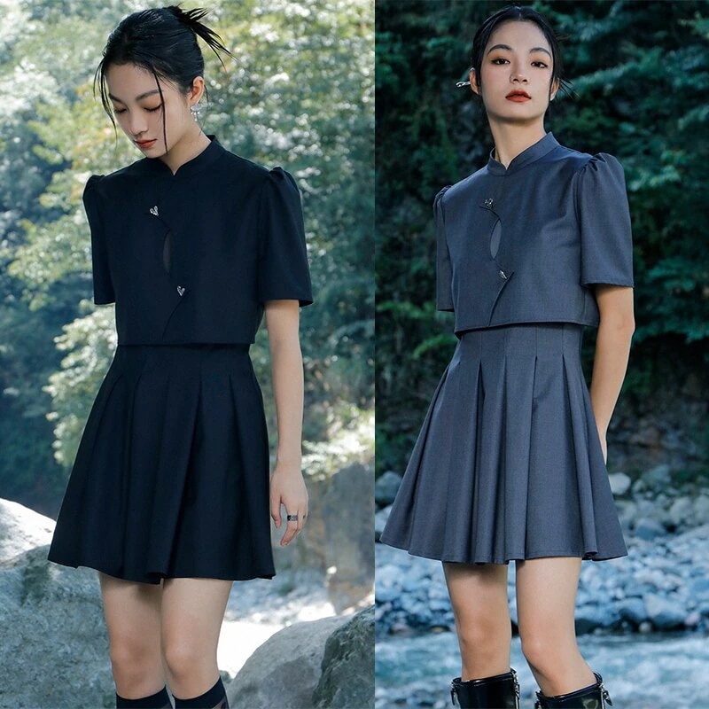 重ね着風ワンピース チャイナ風ワンピース 半袖 プリーツワンピース パーティードレス 黒 灰 改良チャイナドレス ハイウエストミニワンピース 卒業式
