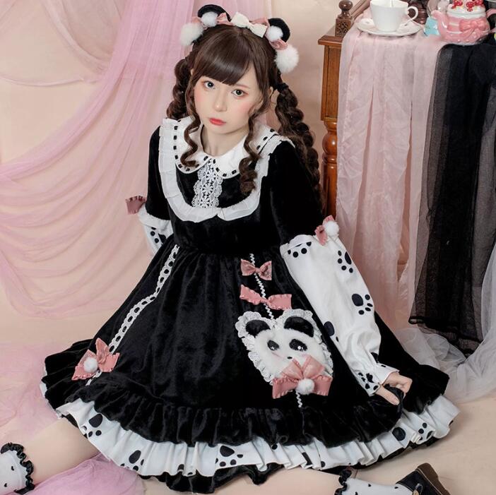 ロリータワンピース 膝丈 長袖ドレス パンダモチーフ パンダ元素 可愛い ロリータドレス lolita 萌え萌え コスチューム 女性 コスプレ衣装 花嫁 学園祭 文化祭 イベント 撮影衣装