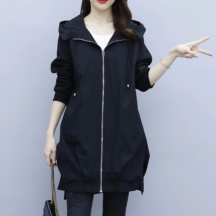 コクーン アウター ブルゾン ジャケット 上着 ライトコート スプリングコート ウィンドブレーカー ミディアム丈 半端丈 長袖 ストレート フード付き ファスナー ポケット 前開き 大人可愛い