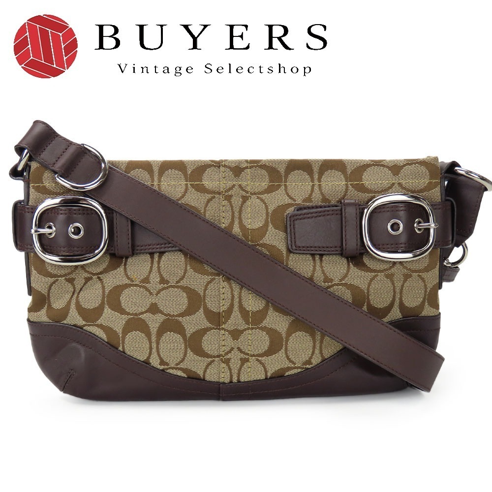 中古 ショルダーバッグ F17169 シグネチャー キャンバス レザー ダークブラウン ブラウン ベージュ シルバー金具 斜め掛け 肩掛け 2WAY レディース 女性