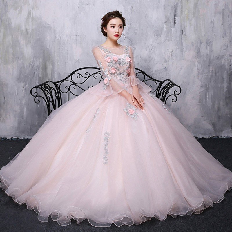 カラードレス 長袖 ウエディングドレス コンサート 安い ロングドレス 演奏会 プリンセスライン ス