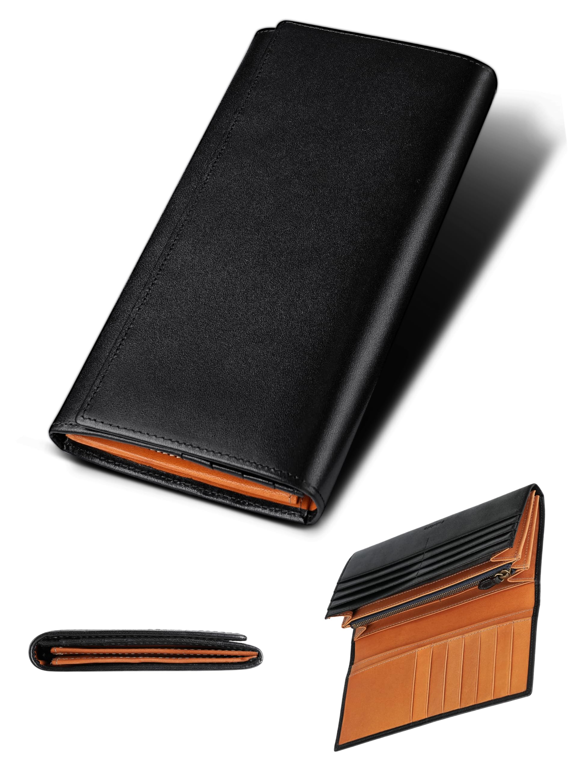 [ファブリツィオ] 財布 メンズ レディース 長財布 2つ折り マチ付き 小銭入れ 薄い 大容量 カード21枚 使いやすい イタリアン レザー 一流の革職人が作る 本革 YKKファスナー (ブラック)