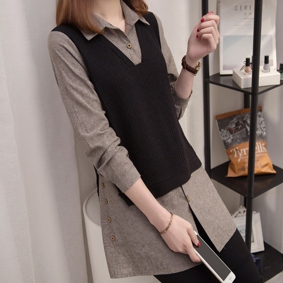 トップス シャツ ロング ロング丈 袖あり 長袖 Vネック 切り替えデザイン ドッキング ニット かわいい 大人可愛い きれいめ シンプル カジュアル おしゃれ お洒落 レトロ ラブリー キュート