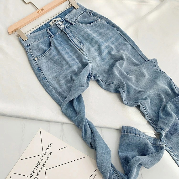 デニム レディース パンツ ロング丈 ソフトデニム 薄手 ハイウエスト ゆったり ストレート ウオッシュ加工 春 夏 ライトブルー