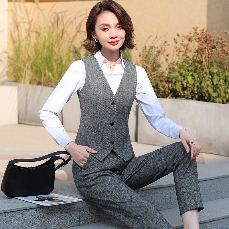 事務服 ベストスーツ パンツスーツ 上下セット ベスト 秋 春 フォーマル 制服 オフィス ビジネス 通勤 テーパードパンツ 就活 着易さ 洗える