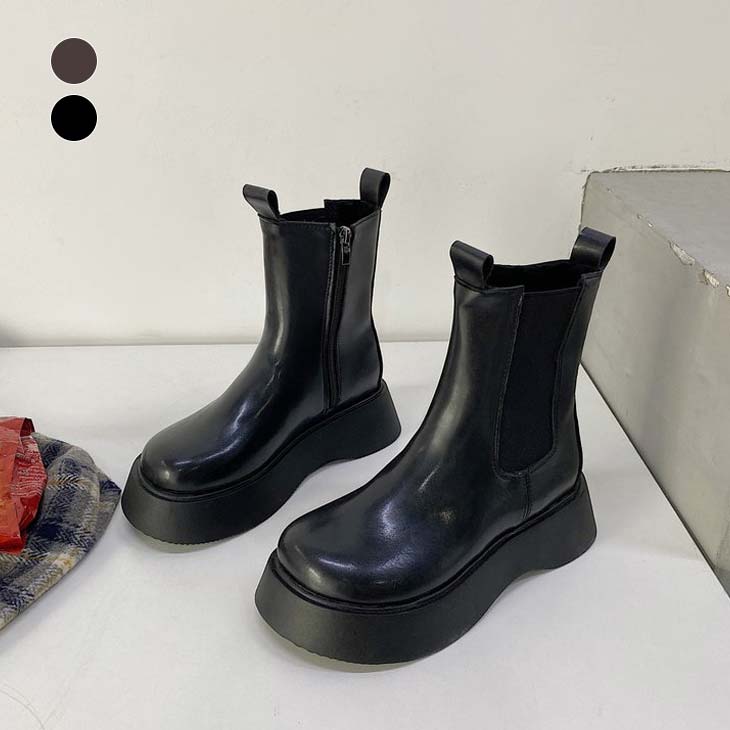 ラウンドトゥ サイドゴア ショート ブーツ 靴 厚底 PU ファスナー ごつめ かっこいい きれいめ カジュアル ガーリー お洒落 レディース 大人 秋冬 プチプラ 韓国ファッション【ash209-0