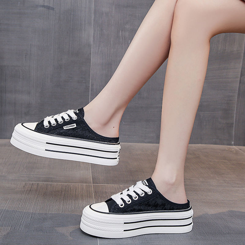 クーポン 5cm 厚底スニーカー レースアップ スリッポン かかとなし 履きやすい 無地 美脚 身長アップ レディース 黒 白 メッシュ おしゃれ クッション性 ウェッジソール かわいい 春 夏 秋