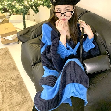 ニットワンピース ニットスカート ロング ロング丈 袖あり 長袖 Vネック イージー ニット