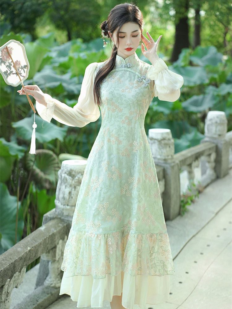 中華民国風復古婦人チャイナドレス少女日常メッシュ刺繍チャイナドレス改良版ドレス 母の日 母の日-0008571