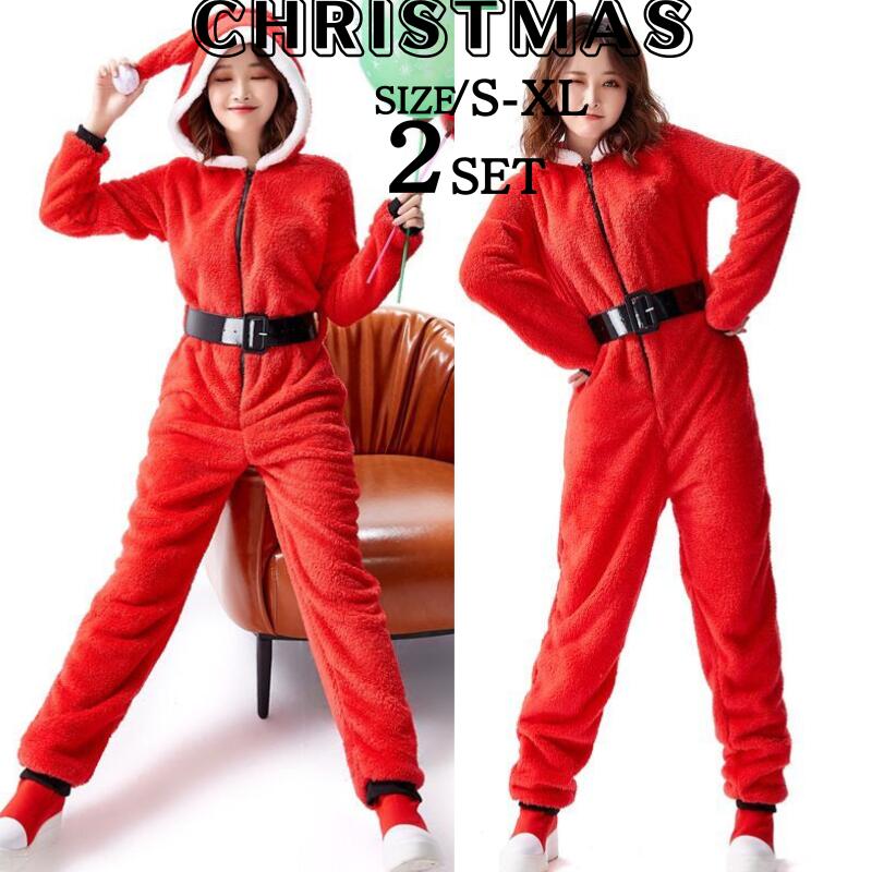サンタ コスチューム オールインワン サンタコス フード付き コスプレ ボア あったか なりきり ベルト付き つなぎ クリスマス かわいい ズボン サンタクロース コス 衣装 仮装 レディース 忘年会