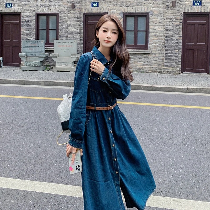 新作デニムワンピース女性秋韓国デザインセンスルーズ通勤シャツワンピロングスカート
