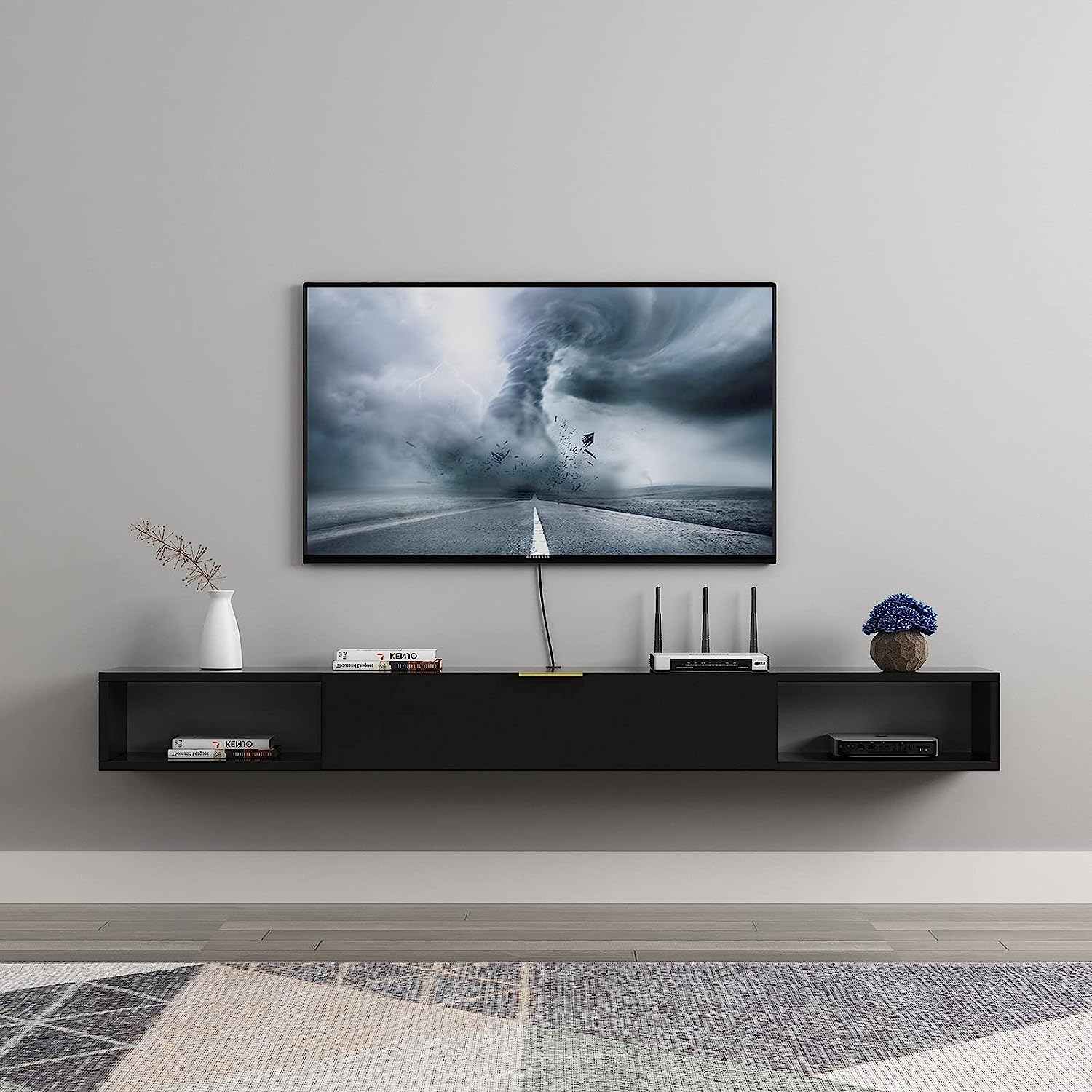 フローティングTVスタンド壁掛けテレビキャビネット壁掛けTVコンソールセットトップボックスシェルフリビングルームベッドルームウォールシェルフ収納ラック (Color : Black, Siz