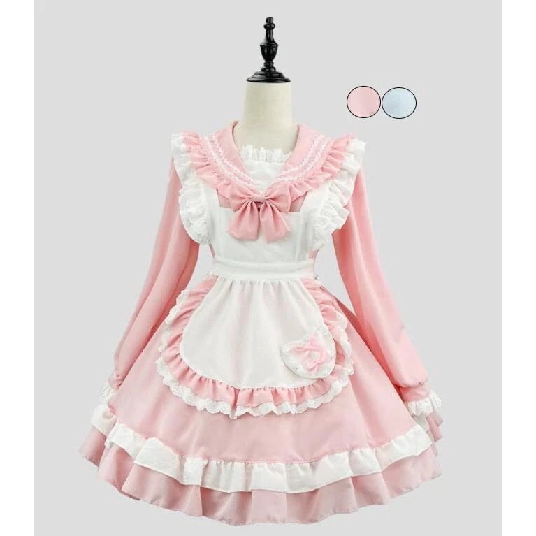 メイド服 セーラー服 大人 セーラー風メイドコス 新作 長袖 ショート丈 キュート メイドドレス 裾フリル エプロンドレス ピンク 水色 女子 マリン風 甘ロリー メおすすめ商品115
