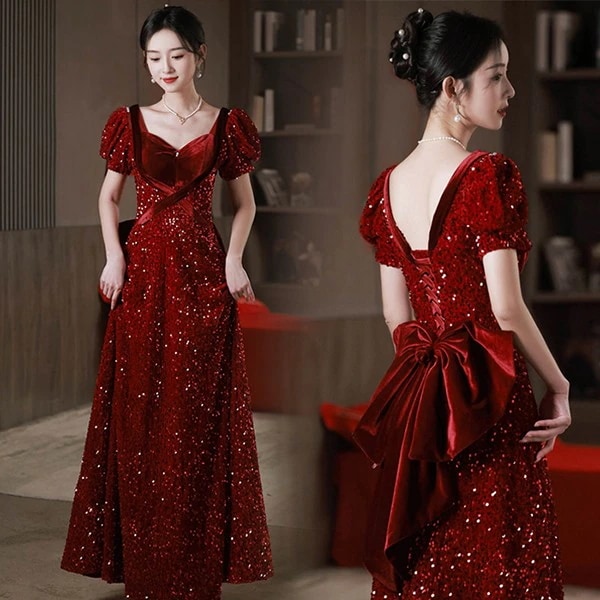 ロングドレス 演奏会 袖付き ドレス 大人 ピアノ 発表会 演奏会用ドレス パーティードレス ワインレッド 赤 キラキラ リボン付き Aライン パーティードレス イブニングドレス XS S M L