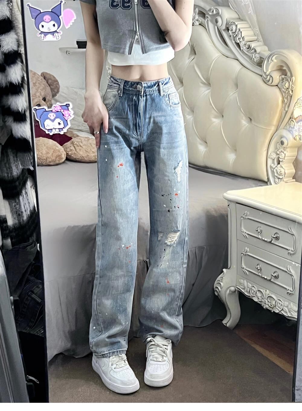 ダメージデニム パンツ ボトムス デニム レディース ロング 丈長 フルレングス ワイド フェミニン ポケット ハイウエスト ヴィンテージ ダメージ デニム ブルーデニム かわいい 大人可愛い カジュ