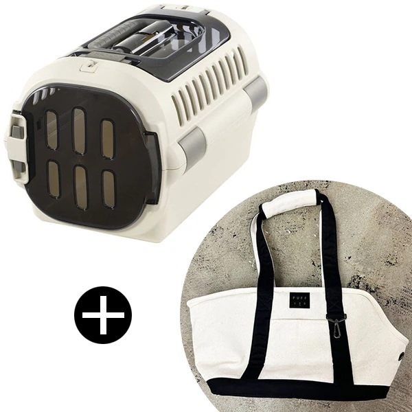キャンピングキャリーファイン ダブルドア S アイボリー + PUFF pet carry canvas tote L P24004-15 ブラック ペットキャリー セット