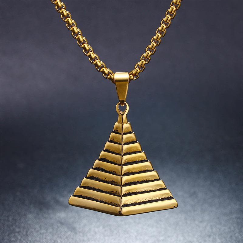 ゴールデンピラミッドステンレスネックレス（60cmのチェーン付き）首飾り アクセサリー 金色 エジプト 面白い 古墳 プレゼント 男性 女性 考古学社 ペンダントトップ stt00-00-0717