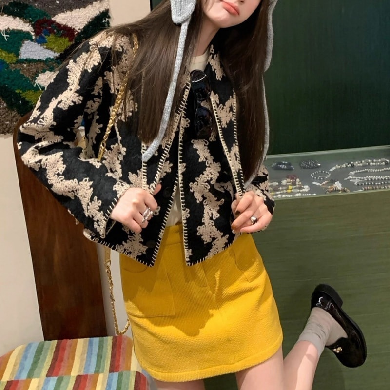 親愛なるコクボン気質幾何学ジャカードツイードジャケット綿入れ長袖トップスコート女