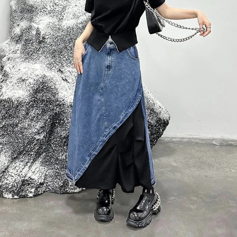 アメリカンレトロカラーブロックデニムスカートレディース春秋新作ゆったりシルエットで細身効果プリーツ入りカジュアルAラインスカート